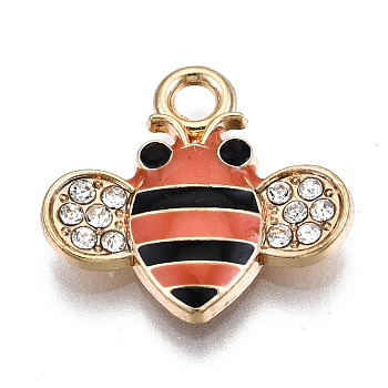 Alloy Enamel Pendants, with Crystal Rhinestone, Cadmium Free & Lead Free, Bee, Light Gold, Coral, 17x18x2.5mm, Hole: 2mm