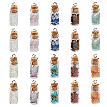 40Pcs 10 Colors Natural & Synthetic Mixed Gemstone Chip Pendants, Clear Glass Bottle Gems Charms with Platinum Tone Iron Loops, 25x10mm, Hole: 2mm, 4pcs/color