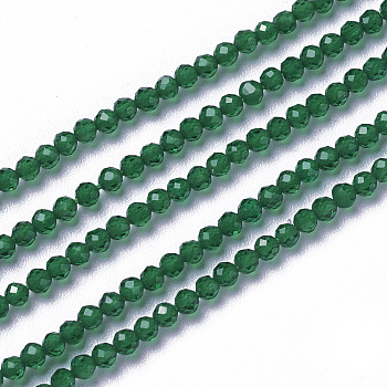 Glass Beads Strands, Faceted, Round, Green, 3~3.5x2.5~3mm, Hole: 0.3mm, about 114~125pcs/strand, 14 inch(35.5cm)