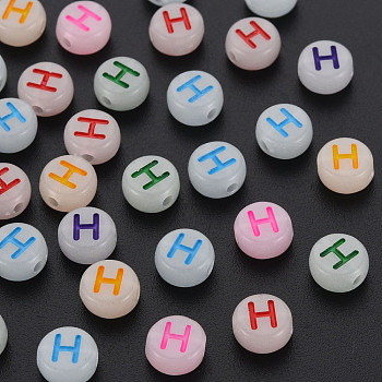 Acrylic Beads, Glow in the Dark, with Enamel and Luminous, Horizontal Hole, Flat Round with Alphabet, Letter.H, 6.5x7x4mm, Hole: 1.6mm, about 3600pcs/500g