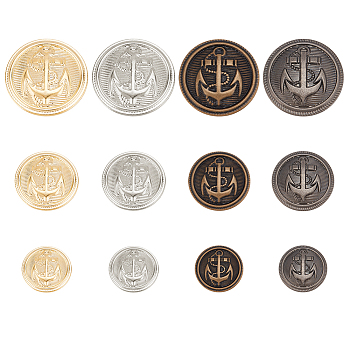 48Pcs 12 Style Retro Style Brass Buttons, 1-Hole, Flat Round with Anchor Pattern, Mixed Color, 15~25x7.5~8.6mm, Hole: 1.2~2.8mm, 4pcs/style