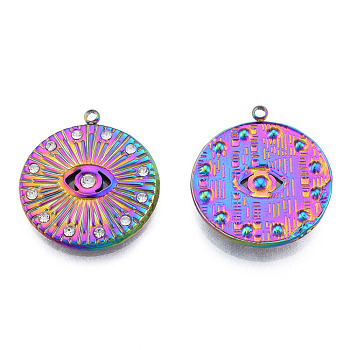 304 Stainless Steel Pendants, with Crystal Rhinestone, Flat Round with Eye, Golden, 23x21x3mm, Hole: 1.5mm