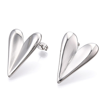 Heart Brass Stud Earrings for Women, Real Platinum Plated, 29x21mm, Pin: 0.7mm