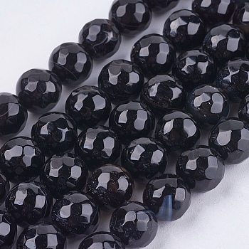 Natural Madagascar Black Agate Bead Strands, Faceted, Round, Dyed & Heated, 8mm
