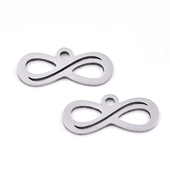 201 Stainless Steel Charms, Laser Cut, Infinity, Stainless Steel Color, 7.5x17.5x0.9mm, Hole: 1.6mm