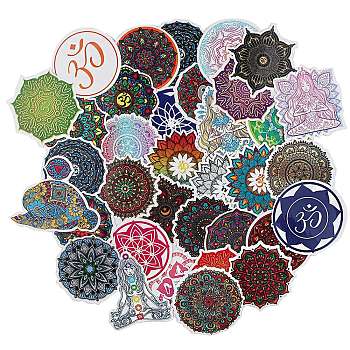 35Pcs Mandala Style Paper Sticker Labels, Self-adhesion Chakra Cartoon Decals, for Suitcase, Skateboard, Refrigerator, Helmet, Mobile Phone Shell, Flower Pattern, 60~70mm