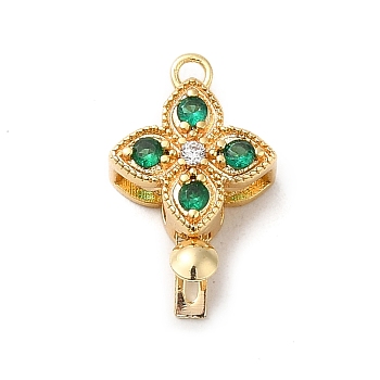 Brass Micro Pave Cubic Zirconia Box Clasps, Real 18K Gold Plated, Flower, Sea Green, 17x10.7x5mm, Hole: 1.4mm
