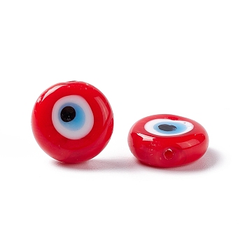 Handmade Evil Eye Lampwork Beads, Half Drilled, Flat Round, Red, 12~12.5x5mm, Hole: 1.2mm