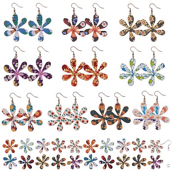 SUNNYCLUE DIY Dangle Earrings Making Kits, Printing PU Leather Pendants with Double-Sided Flower Pattern, Brass Earring Hooks and Iron Jump Rings, Mixed Color, about 80pcs/set