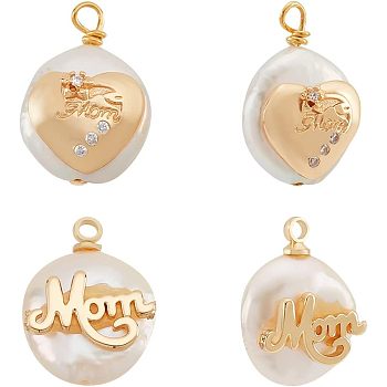 Nbeads 4Pcs 2 Styles Mother's Day Theme Natural Cultured Freshwater Pearl Pendants, Nuggets Charm, with Brass Micro Pave Clear Cubic Zirconia Findings, Word Mom, Golden, 14~28x11~22x5~12mm, Hole: 1.2~2mm, 2pcs/style