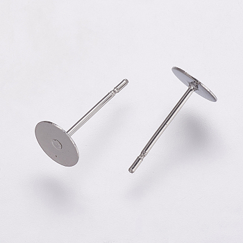 304 Stainless Steel Stud Earring Settings, Flat Pad Earring Post, Flat Round, Stainless Steel Color, Tray: 6mm, 12x6mm, Pin: 0.7mm