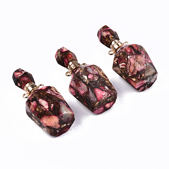 Assembled Synthetic Bronzite and Imperial Jasper Openable Perfume Bottle Pendants, with Light Gold Brass Findings, Dyed, Hot Pink, Capacity: 1ml(0.03 fl. oz), 41~42x17~18x17~18mm, Hole: 1.8mm