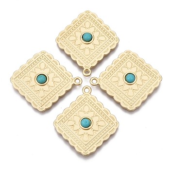 Alloy Pendants, with Synthetic Turquoise, Rhombus, Matte Style, Cadmium Free & Nickel Free & Lead Free, Real 16K Gold Plated, 31x28x4mm, Hole: 1.5mm