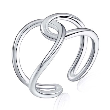 Rhodium Plated 925 Sterling Silver Cross Knot Open Cuff Ring, Minimalist Wire Wrap Ring for Women, Platinum, US Size 5 1/4(15.9mm)