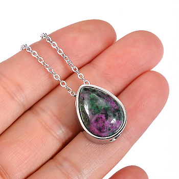 Natural Ruby in Zoisite Teardrop Urn Ashes Pendant Necklace, Stainless Steel Memorial Jewelry for Women, Stainless Steel Color, 19.69 inch(50cm)