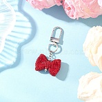 Bowknot Polymer Clay Rhinestone Pendants Decorations, with Alloy Swivel Clasps, Siam, 59mm(HJEW-JM04197-02)