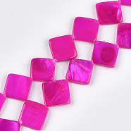 Spray Painted Freshwater Shell Beads, Rhombus, Magenta, 12~13x12~13x2~4mm, Hole: 0.5mm, about 31pcs/strand, 15.1 inch(SHEL-T010-06A)