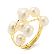 Natural Pearl Beaded Finger Ring, Brass Wire Wrap Finger Ring, Real 14K Gold Plated, US Size 6 3/4(17.1mm)(RJEW-H220-20G)