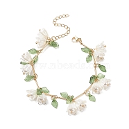 Shell Pearl Flower with Leaf Charm Bracelet with Bar Link Chains, Golden Brass Jewelry for Women, Green, 7-1/8 inch(18cm)(BJEW-TA00215)