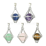 Natural Mixed Gemstone Stainless Steel Wrapped Pendants, Round Charms, Stainless Steel Color, 24~25x12~13x12~13mm, Hole: 5.5x2.5mm(PALLOY-JF02497)