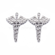 304 Stainless Steel Pendants, Caduceus Symbol for Medicine, Stainless Steel Color, 35x25x2mm, Hole: 1.6mm(STAS-F249-13P)
