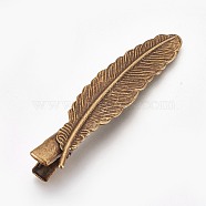 Hair Accessories Iron Alligator Hair Clip Findings, with Brass Findings, Feather, Antique Bronze, 54x12x9.5mm(MAK-WH0002-04AB)