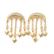 Cubic Zirconia Double Horn with Star Chandelier Earrings, Real 18K Gold Plated Brass Tassel Drop Earrings for Women, Cadmium Free & Lead Free, Clear, 29x16mm, Pin: 0.7mm(EJEW-G341-09G)