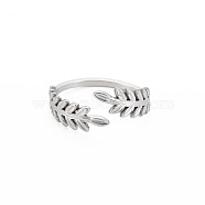 304 Stainless Steel Leaf Open Cuff Ring for Women, Stainless Steel Color, US Size 7 1/4(17.5mm)(RJEW-S405-190P)