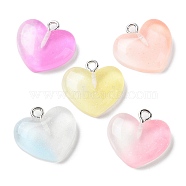 Gradient Color Transparent Resin Pendants, Glitter Heart Charms with Platinum Plated Iron Loops, Mixed Color, 17x18x5mm, Hole: 1.8mm(RESI-A025-08)
