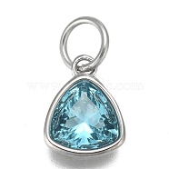 304 Stainless Steel Cubic Zirconia Pendant, Triangle, Stainless Steel Color, Dark Turquoise, 12.5x9.5x5mm, Hole: 5mm(X-ZIRC-P080-B03)