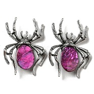 Dual-use Items Alloy Pave Dyed Shell Spider Brooch, with Jet Rhinestone, Antique Silver, Magenta, 57.5~58x41.5~42x12.5mm, Hole: 4x3mm(JEWB-C026-04C-AS)