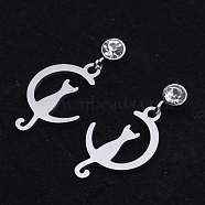 201 Stainless Steel Kitten Dangle Stud Earrings, with Clear Cubic Zirconia, Crescent Moon with Cat, Stainless Steel Color, 23mm, Pin: 0.8mm(X-EJEW-T008-JN741)