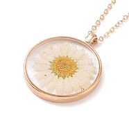 Dry Pressed Real Flower Resin Pendant Necklace, Light Gold Alloy Choker Necklace for Women, White, 19.69 inch~20.47 inch(50~52cm)(NJEW-G088-01KCG-04)