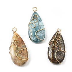 Natural Mixed Gemstone Copper Wire Wrapped Pendants, Teardrop Charms, Golden, 44~47.5x20~21x8~9mm, Hole: 2~3.8mm(PALLOY-JF02208)