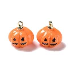 Halloween Pumpkin Opaque Resin Charms, with Light Gold Tone Metal Loops, Pumpkin Jack-O'-Lantern, Orange, 11.5x12x12.5mm, Hole: 1.6mm(RESI-B010-01)