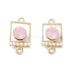 Alloy Links connectors, with Resin Rhinestone and ABS Plastic Imitation Pearl, Rectangle, Light Gold, Pink, 20x11.5x6mm, Hole: 1.5mm and 1.8mm(PALLOY-T056-27B)