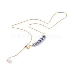 Adjustable Brass Lariat Necklaces, with Natural Pearl Beads, Prussian Blue, Golden, 20.47 inch(52cm)(NJEW-JN03446-01)