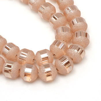 Electroplate Glass Bead Strands, Frosted, Rainbow Plated, Round, Light Salmon, 6~6.5mm, Hole: 1mm, about 100pcs/strand, 23.6 inch
