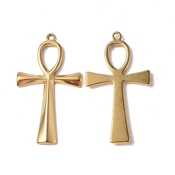 Ion Plating(IP) 304 Stainless Steel Pendants, Ankh Cross Charm, Real 18K Gold Plated, 45.5x25x3mm, Hole: 1.8mm