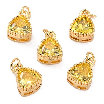 Real 18K Gold Plated Brass Inlaid Cubic Zirconia Charms, with Jump Ring, Long-Lasting Plated, Triangle, Yellow, 9.5x7x4mm, Jump Ring: 4x0.5mm, 2.5mm Inner Diameter