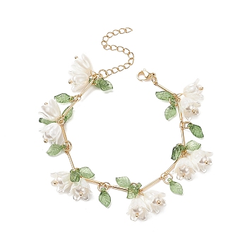 Shell Pearl Flower with Leaf Charm Bracelet with Bar Link Chains, Golden Brass Jewelry for Women, Green, 7-1/8 inch(18cm)