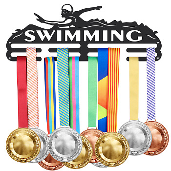 Iron Medal Holder Frame, Medals Display Hanger Rack, 2 Lines, with Screws, Rectangle with Word Swimming, Sports Themed Pattern, 150x400mm