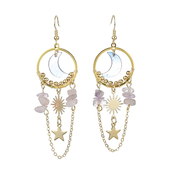 Moon & Sun & Star Alloy Chandelier Earrings, Natural Amethyst Chips Long Drop Earrings, Golden, 85.5~87.5x25mm