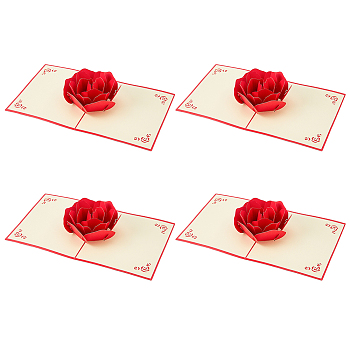 Rectangle 3D Rose Pop Up Paper Greeting Card, with Envelope, Valentine's Day Invitation Card, Rose Pattern, Red, 184x127x5mm