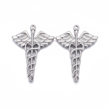304 Stainless Steel Pendants, Caduceus Symbol for Medicine, Stainless Steel Color, 35x25x2mm, Hole: 1.6mm