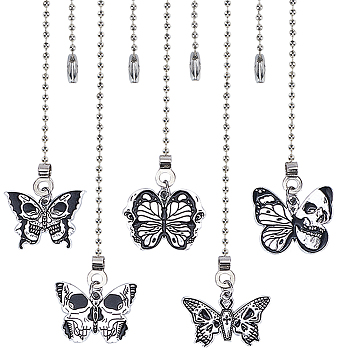 Halloween Alloy Enamel Pendant Ceiling Fan Pull Chain Extenders, Butterfly & Moth with Skull Pendant Decoration, with Iron Ball Chains, Antique Silver, 335~344mm, 6 style, 2pcs/style, 12pcs/set