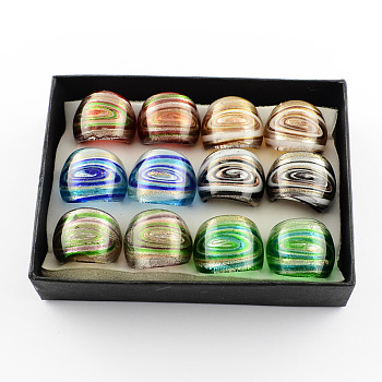 Handmade Gold Sand and Silver Foil Lampwork Wide Band Rings, Mixed Color, 17~19mm, about 12pcs/box