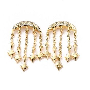 Cubic Zirconia Double Horn with Star Chandelier Earrings, Real 18K Gold Plated Brass Tassel Drop Earrings for Women, Cadmium Free & Lead Free, Clear, 29x16mm, Pin: 0.7mm