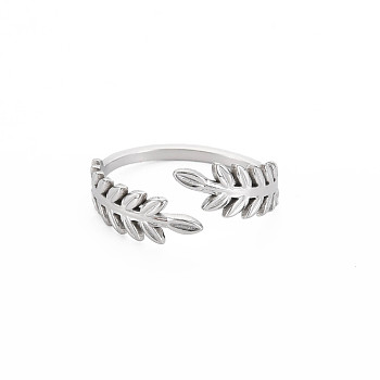 304 Stainless Steel Leaf Open Cuff Ring for Women, Stainless Steel Color, US Size 7 1/4(17.5mm)