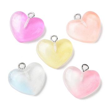 Gradient Color Transparent Resin Pendants, Glitter Heart Charms with Platinum Plated Iron Loops, Mixed Color, 17x18x5mm, Hole: 1.8mm